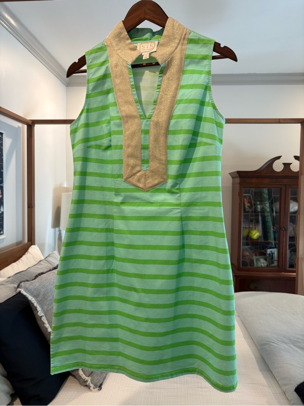 Sail to Sable Lime Striped Sleeveless Dress with Gold Trim